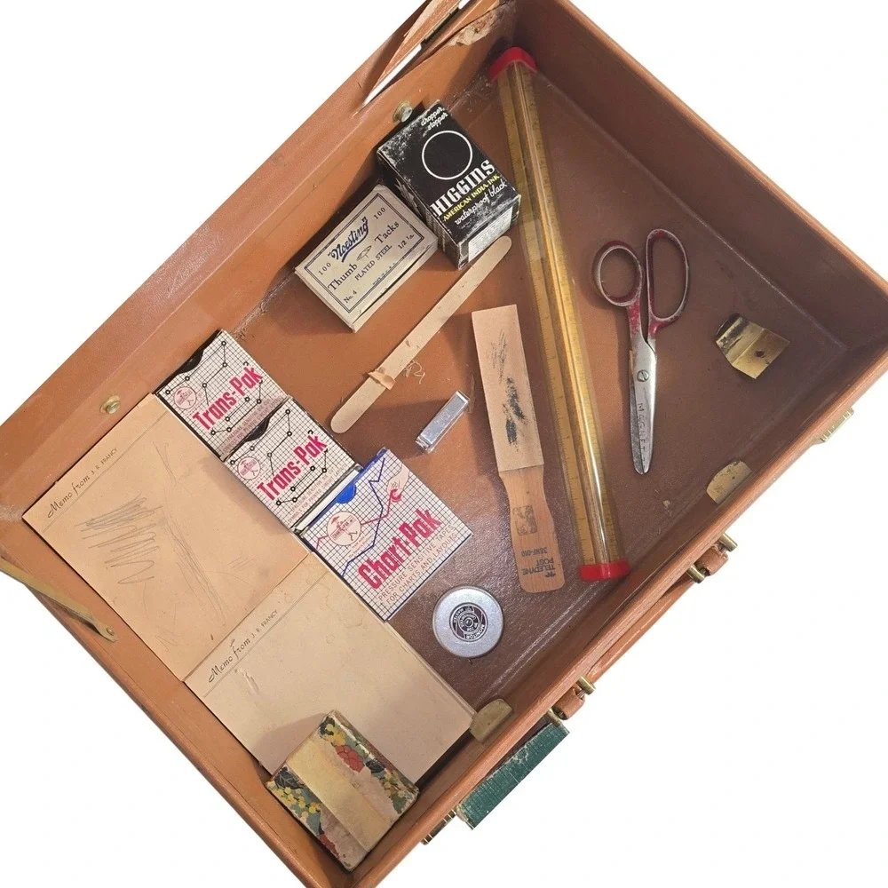 Vintage Tan Faux Leather Briefcase Monogrammed JRF with Drafting Supplies Kit‎